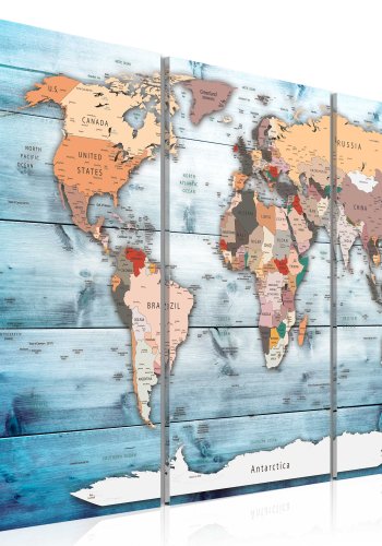 ARTGEIST - Klassisk verdenskort m. bl baggrund trykt p lrred, 3-delt - Flere strrelser