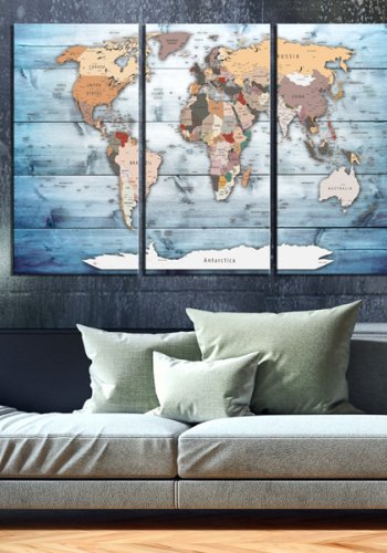 ARTGEIST - Klassisk verdenskort m. bl baggrund trykt p lrred, 3-delt - Flere strrelser