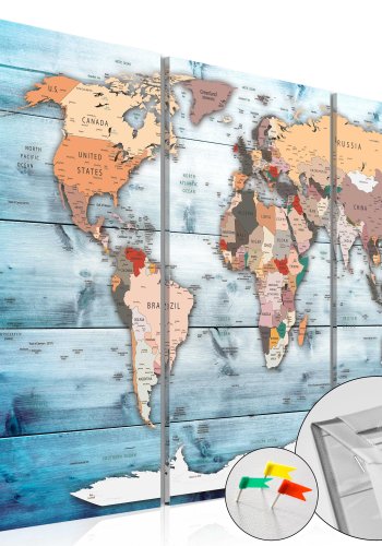 ARTGEIST - Klassisk verdenskort m. bl baggrund trykt p kork, 3-delt - Flere strrelser