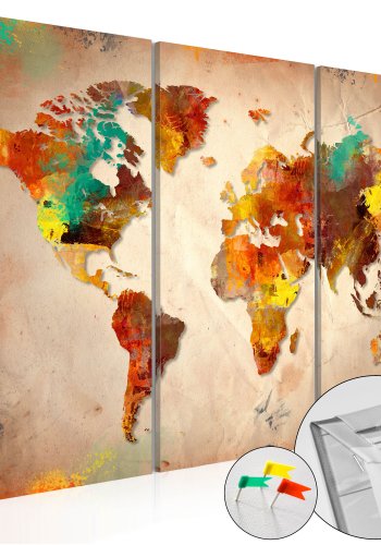 ARTGEIST Painted World - Verdenskort i farverigt design trykt p kork, 3-delt - Flere strrelser