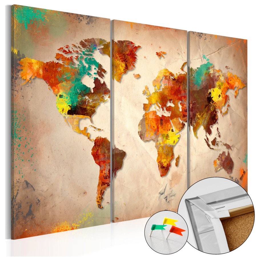 ARTGEIST Painted World - Verdenskort i farverigt design trykt p kork, 3-delt - Flere strrelser