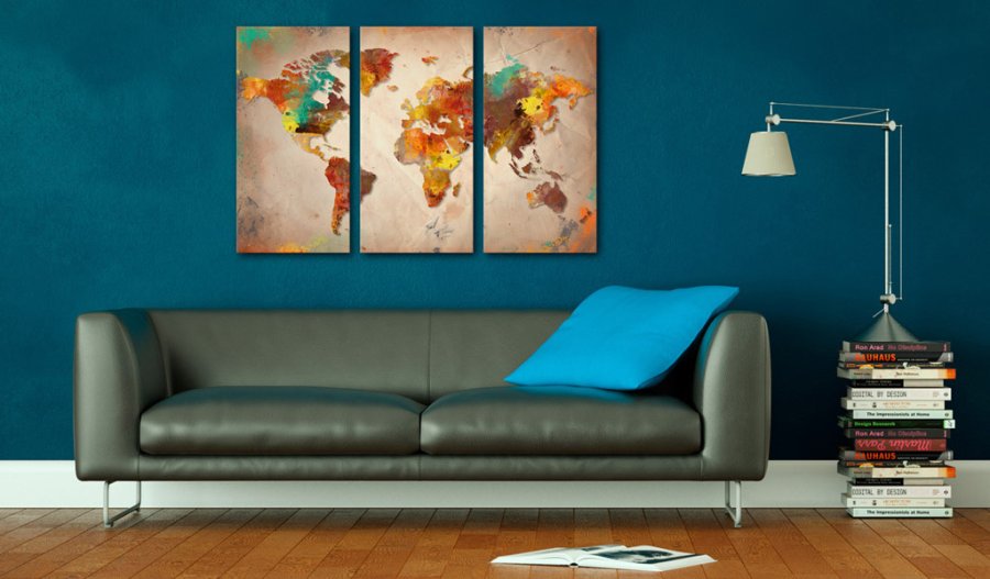 ARTGEIST Painted World - Verdenskort i farverigt design trykt p kork, 3-delt - Flere strrelser