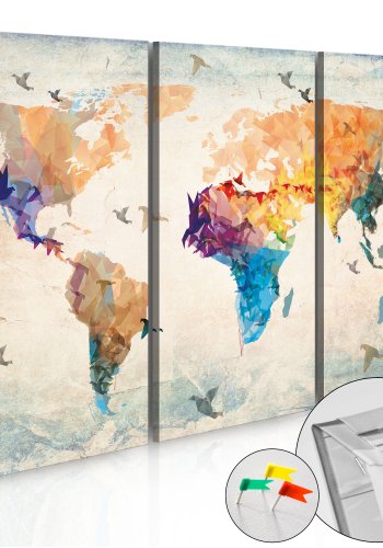 ARTGEIST Free as a bird - Geometrisk verdenskort med fugle trykt p kork, 3-delt - Flere strrelser