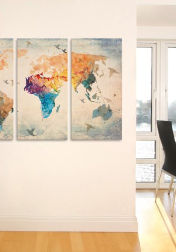 ARTGEIST Free as a bird - Geometrisk verdenskort med fugle trykt p kork, 3-delt - Flere strrelser