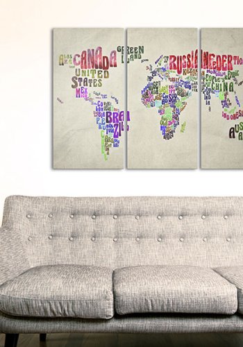 ARTGEIST Global Tourné - Verdenskort med landenavne trykt p kork, 3-delt - Flere strrelser