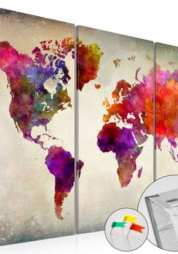 ARTGEIST - Farverigt verdenskort i mange nuancer trykt p kork, 3-delt - Flere strrelser