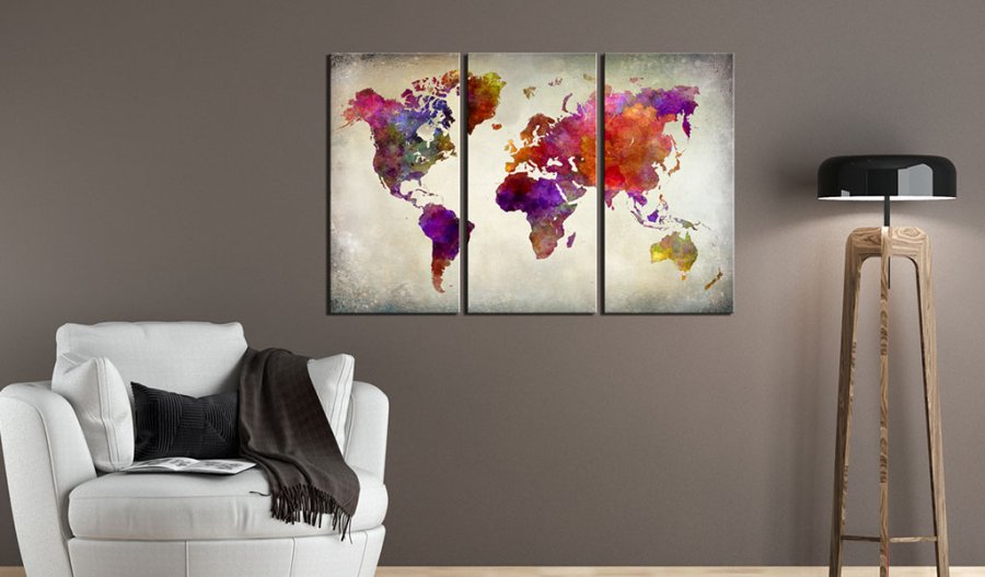 ARTGEIST - Farverigt verdenskort i mange nuancer trykt p kork, 3-delt - Flere strrelser