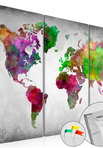 ARTGEIST - Farverigt verdenskort i mange nuancer trykt p kork, 3-delt - Flere Strrelser