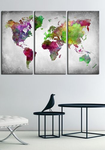 ARTGEIST - Farverigt verdenskort i mange nuancer trykt p kork, 3-delt - Flere Strrelser