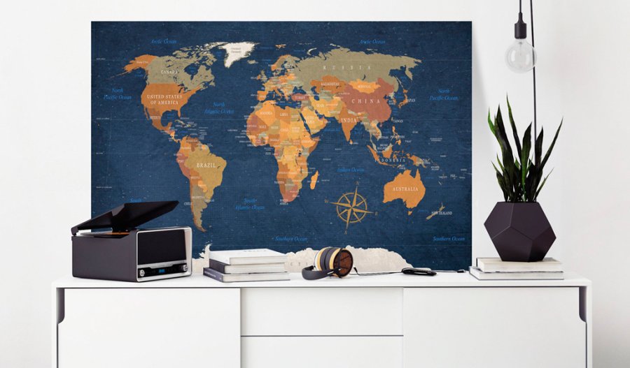 ARTGEIST World Map: Ink Oceans - Klassisk verdenskort trykt p lrred - Flere strrelser