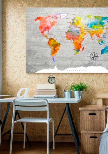 ARTGEIST Multicolored Travels - Farverigt verdenskort p beton trykt p lrred - Flere strrelser