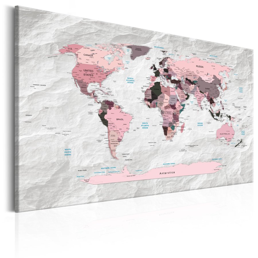 ARTGEIST Pink Continents - Pink verdenskort med sten-effekt trykt p lrred - Flere strrelser