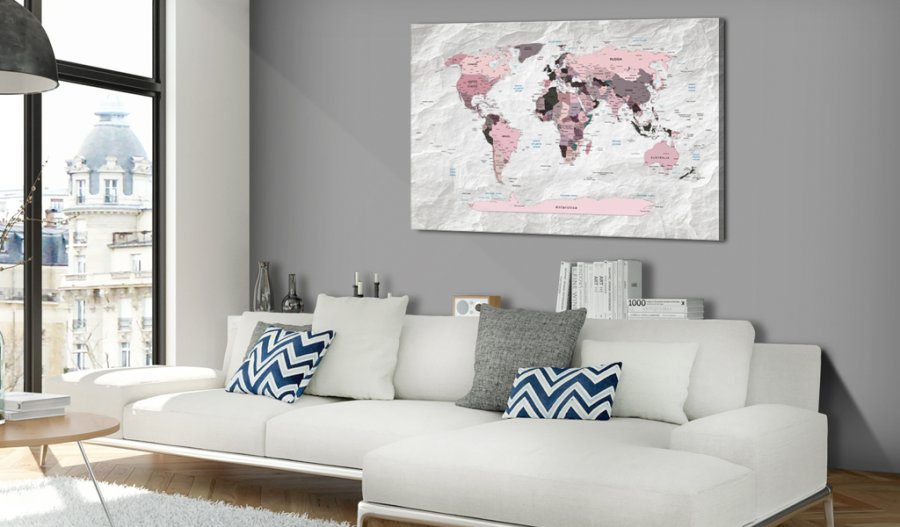 ARTGEIST Pink Continents - Pink verdenskort med sten-effekt trykt p lrred - Flere strrelser