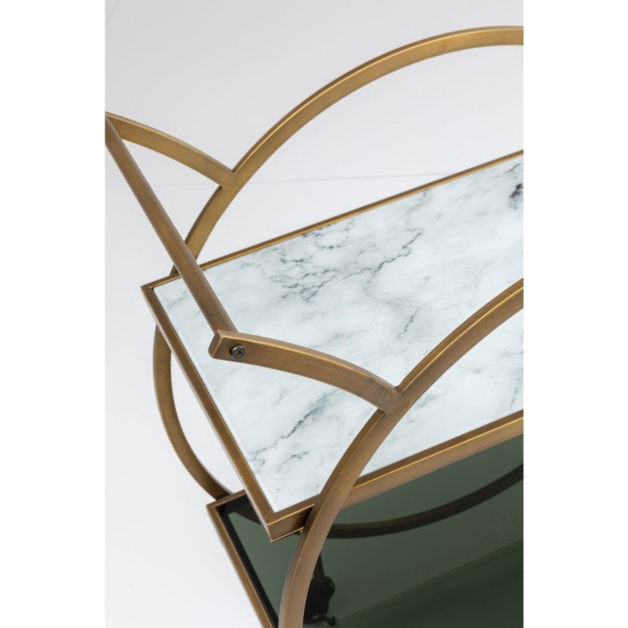 KARE DESIGN Loft rullebord - messing stl/lysegr laminat/farvet glas, hndlavet, m. hjul og hylde