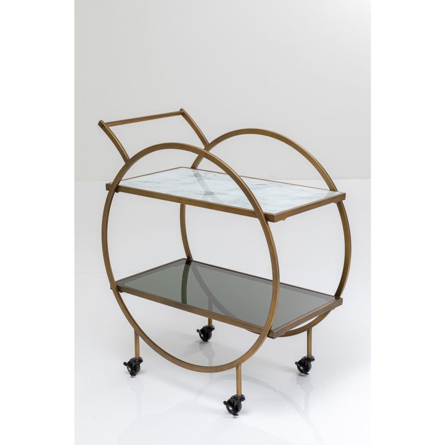 KARE DESIGN Loft rullebord - messing stl/lysegr laminat/farvet glas, hndlavet, m. hjul og hylde