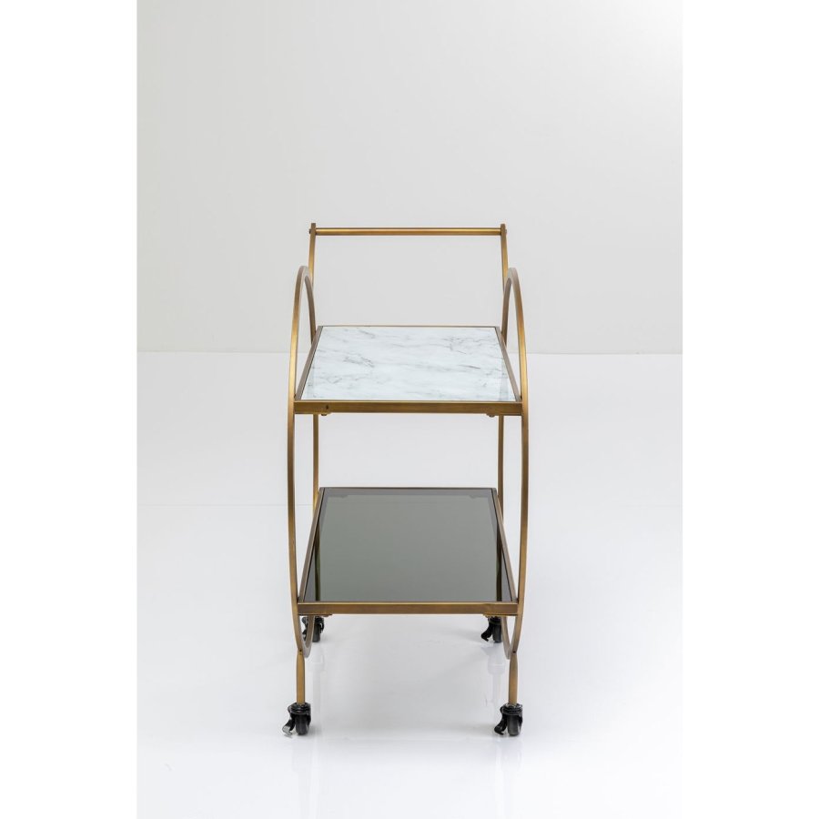 KARE DESIGN Loft rullebord - messing stl/lysegr laminat/farvet glas, hndlavet, m. hjul og hylde