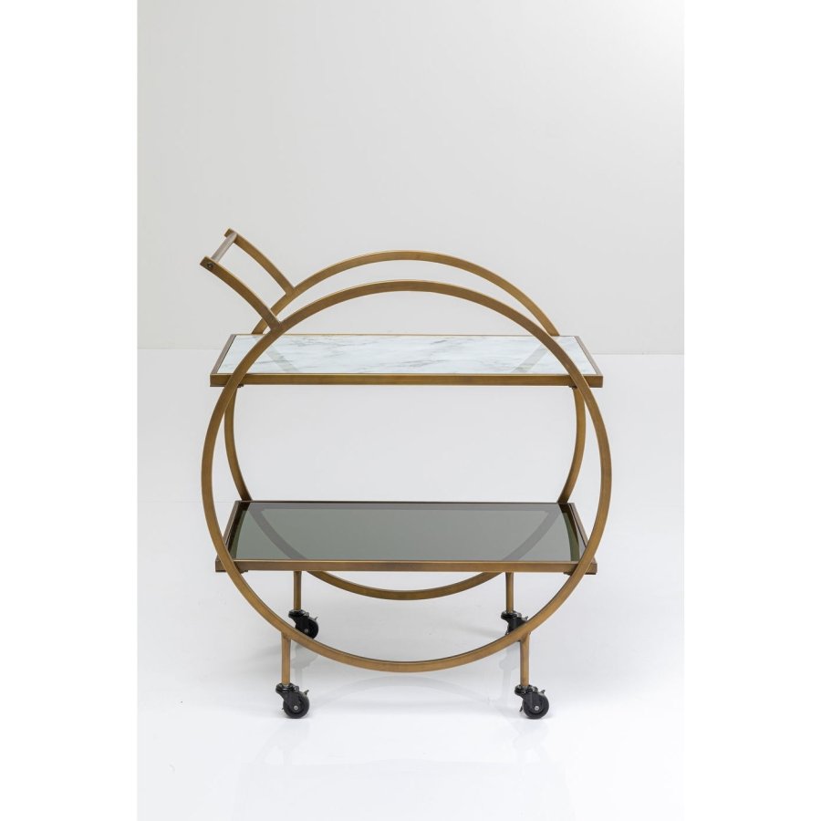 KARE DESIGN Loft rullebord - messing stl/lysegr laminat/farvet glas, hndlavet, m. hjul og hylde