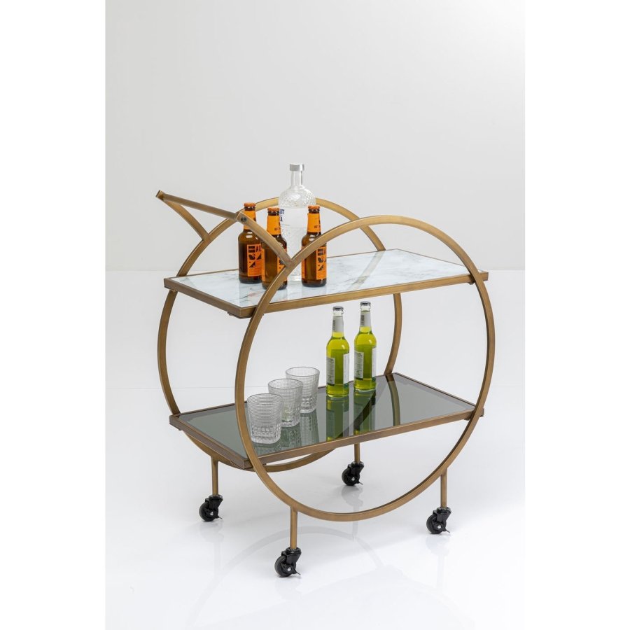 KARE DESIGN Loft rullebord - messing stl/lysegr laminat/farvet glas, hndlavet, m. hjul og hylde