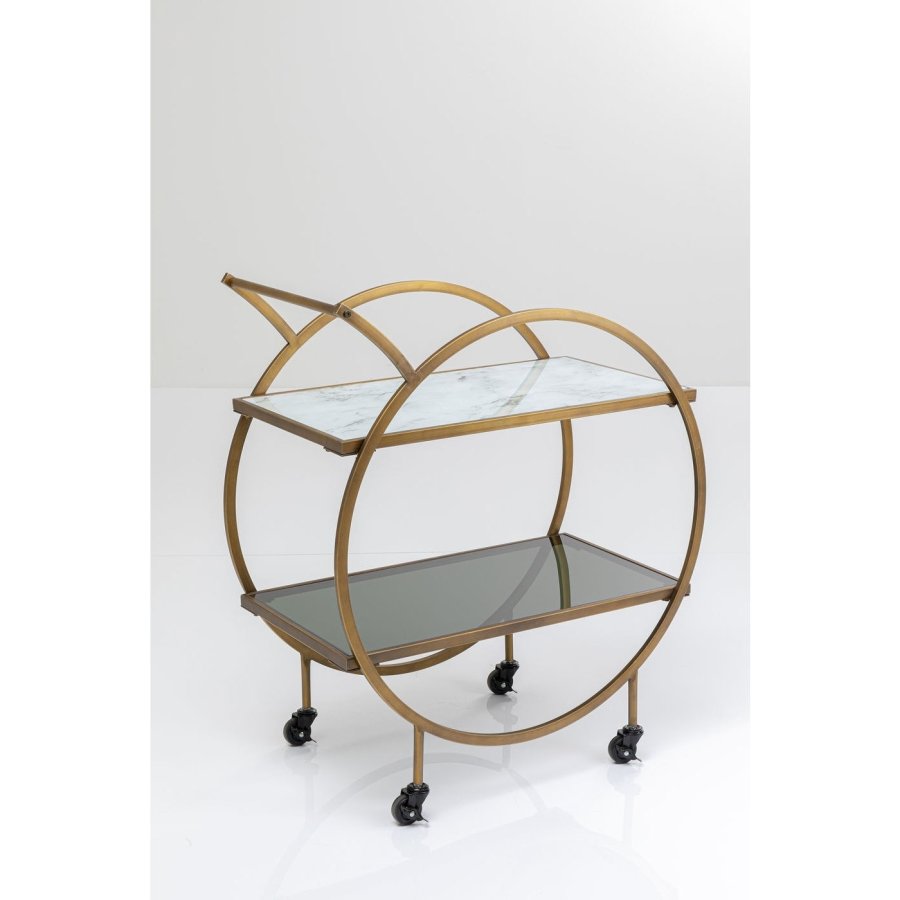 KARE DESIGN Loft rullebord - messing stl/lysegr laminat/farvet glas, hndlavet, m. hjul og hylde