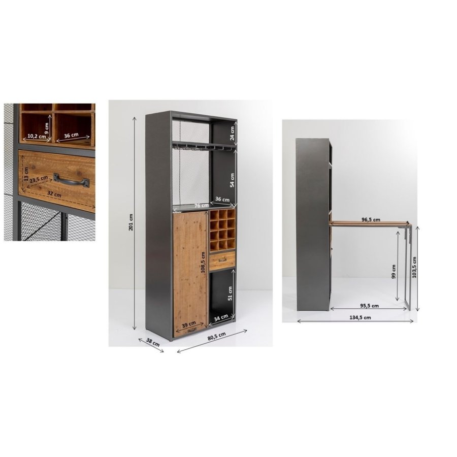 KARE DESIGN Vinoteca barreol, m. bord, 3 hylder, skuffe, holder til glas mm. - stl og massivt gran