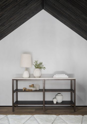 ROWICO Orwel konsolbord, m. 2 hylder - beige travertin og brun eg (140x40)