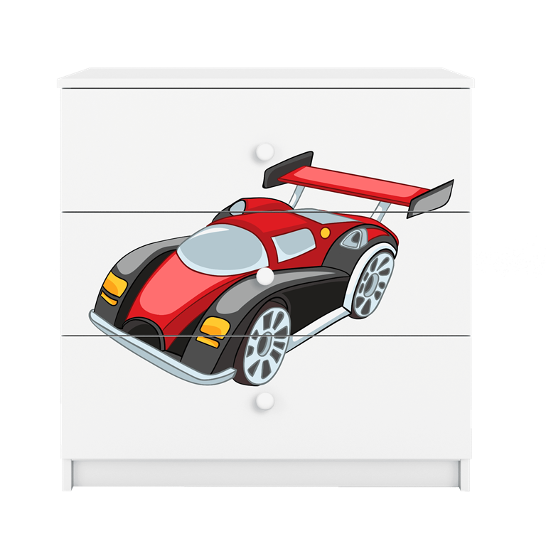 Babydreams brnekommode med racerbil, m. 3 skuffer - hvid laminat