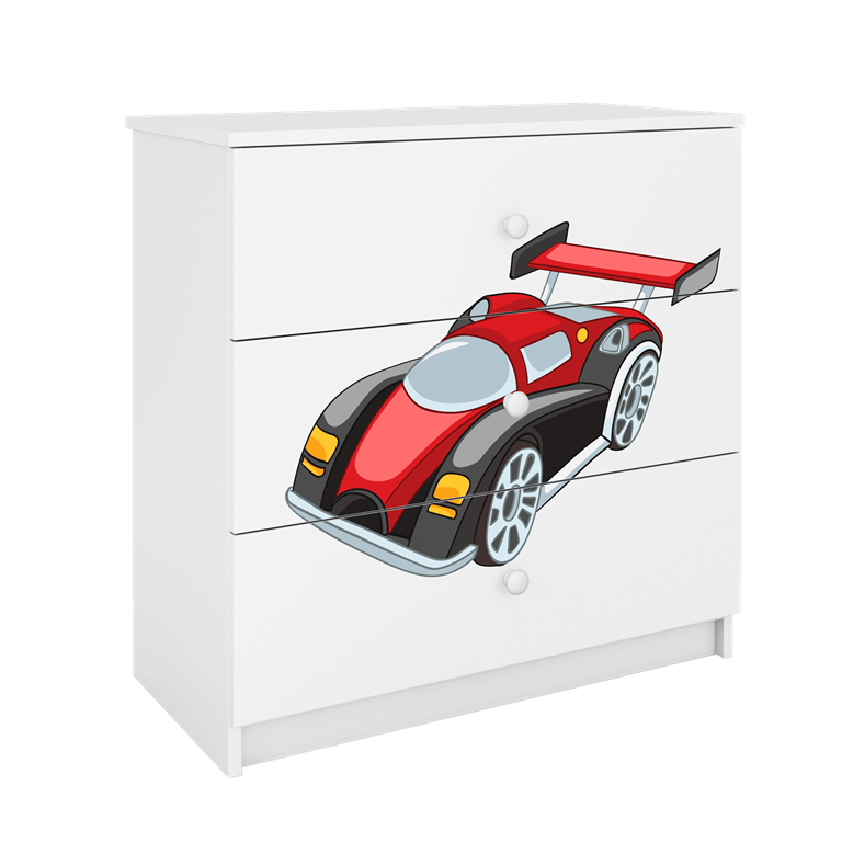 Babydreams brnekommode med racerbil, m. 3 skuffer - hvid laminat