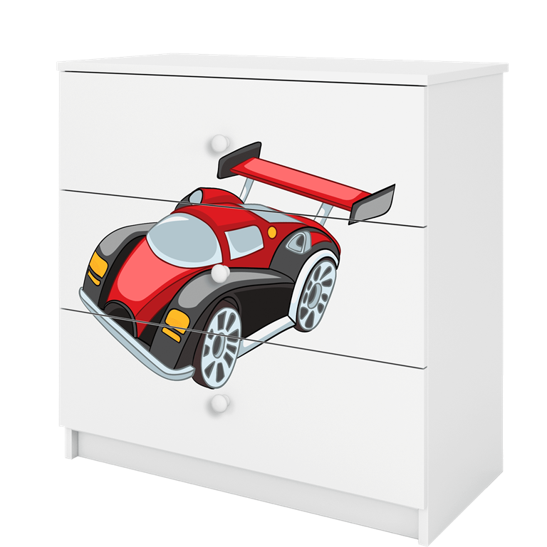 Babydreams brnekommode med racerbil, m. 3 skuffer - hvid laminat