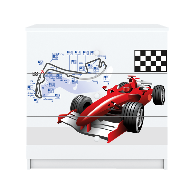 Babydreams brnekommode med racerbil, m. 3 skuffer - hvid laminat