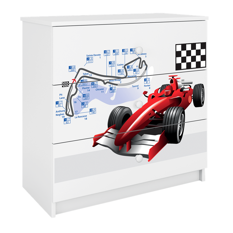 Babydreams brnekommode med racerbil, m. 3 skuffer - hvid laminat