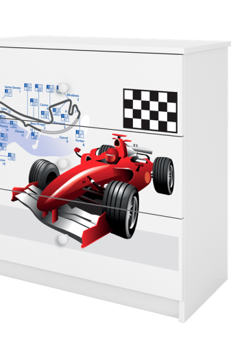 Babydreams brnekommode med racerbil, m. 3 skuffer - hvid laminat