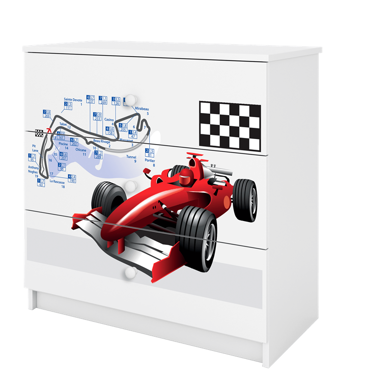 Babydreams brnekommode med racerbil, m. 3 skuffer - hvid laminat