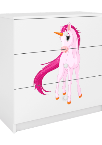 Babydreams brnekommode med enhjrning, m. 3 skuffer - hvid laminat