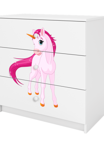 Babydreams brnekommode med enhjrning, m. 3 skuffer - hvid laminat