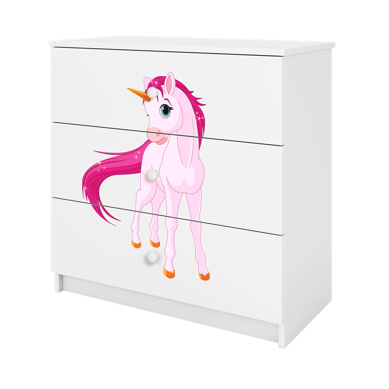 Babydreams brnekommode med enhjrning, m. 3 skuffer - hvid laminat