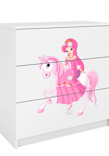 Babydreams brnekommode med prinsesse p hest, m. 3 skuffer - hvid laminat