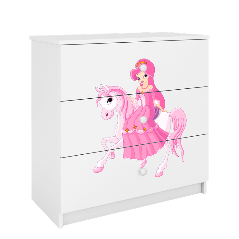 Babydreams brnekommode med prinsesse p hest, m. 3 skuffer - hvid laminat