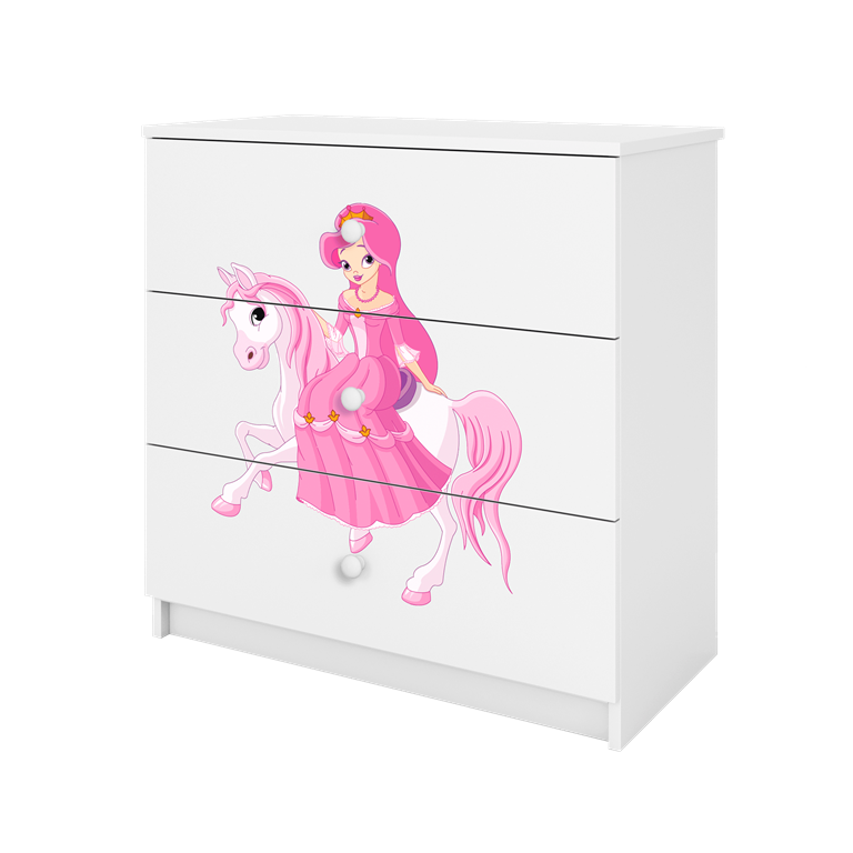 Babydreams brnekommode med prinsesse p hest, m. 3 skuffer - hvid laminat