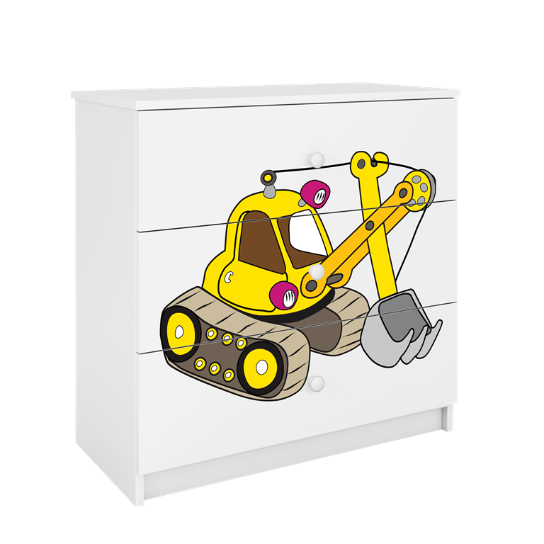 Babydreams brnekommode med gravemaskine, m. 3 skuffer - hvid laminat