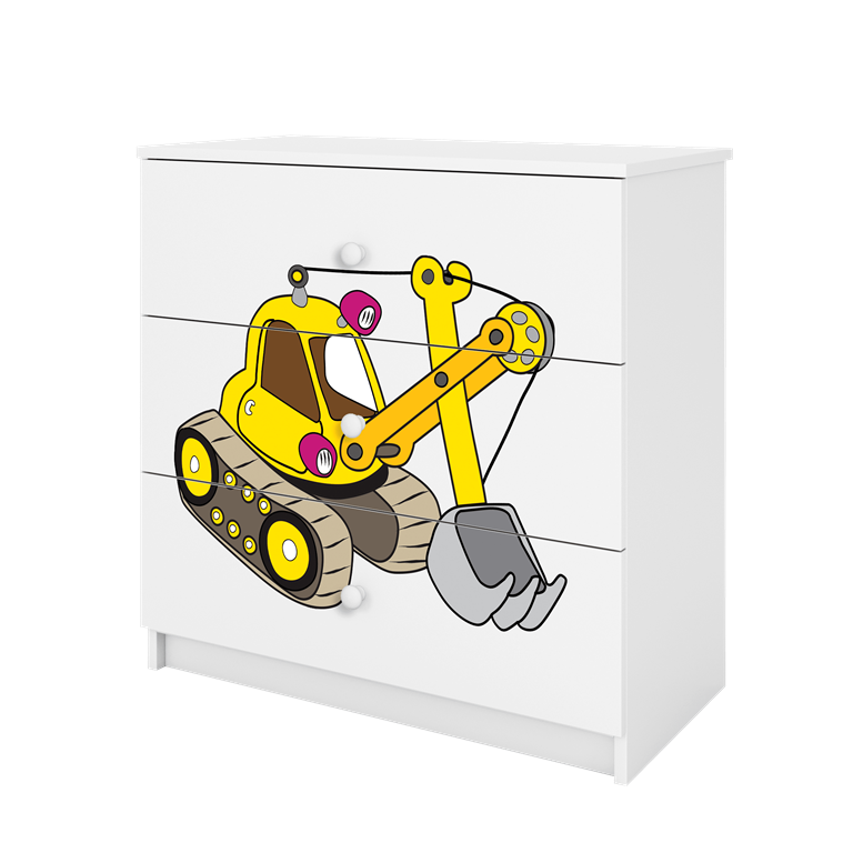 Babydreams brnekommode med gravemaskine, m. 3 skuffer - hvid laminat