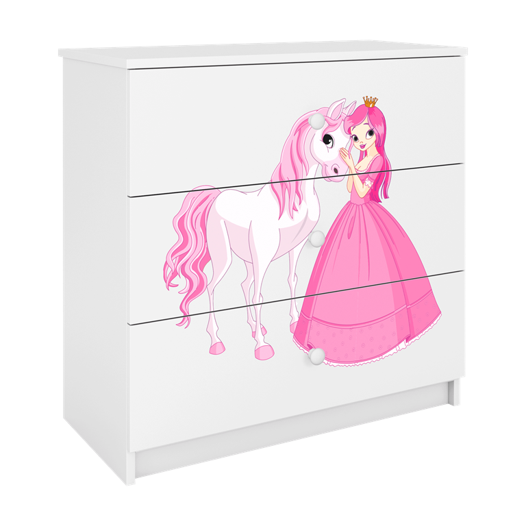 Babydreams brnekommode med prinsesse og hest, m. 3 skuffer - hvid laminat