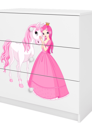Babydreams brnekommode med prinsesse og hest, m. 3 skuffer - hvid laminat