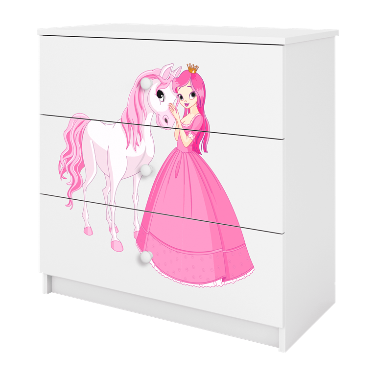 Babydreams brnekommode med prinsesse og hest, m. 3 skuffer - hvid laminat