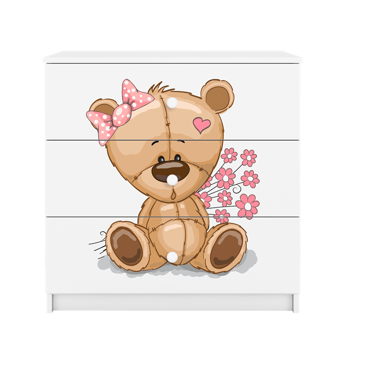Babydreams brnekommode med bamse med blomster, m. 3 skuffer - hvid laminat