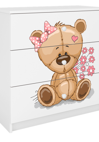 Babydreams brnekommode med bamse med blomster, m. 3 skuffer - hvid laminat