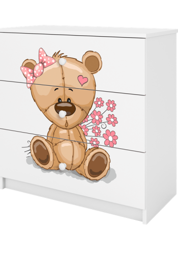 Babydreams brnekommode med bamse med blomster, m. 3 skuffer - hvid laminat