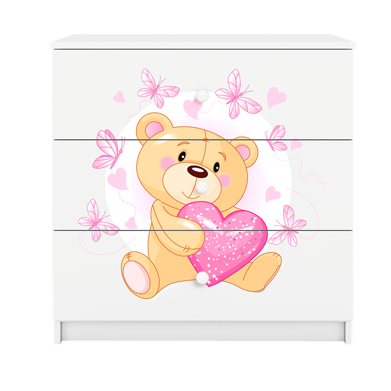 Babydreams brnekommode med bamse med sommerfugle, m. 3 skuffer - hvid laminat