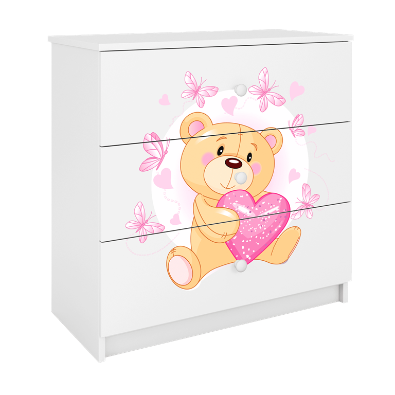 Babydreams brnekommode med bamse med sommerfugle, m. 3 skuffer - hvid laminat