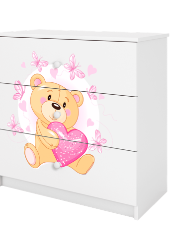 Babydreams brnekommode med bamse med sommerfugle, m. 3 skuffer - hvid laminat