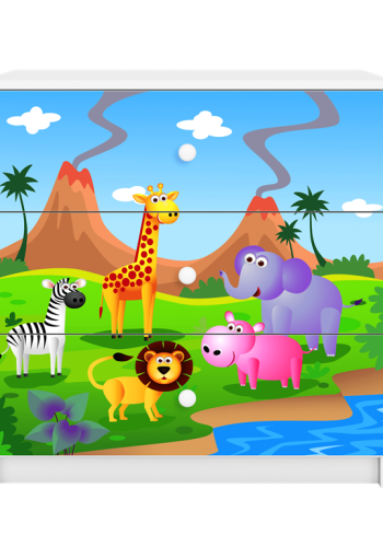 Babydreams brnekommode med safari dyr, m. 3 skuffer - hvid laminat